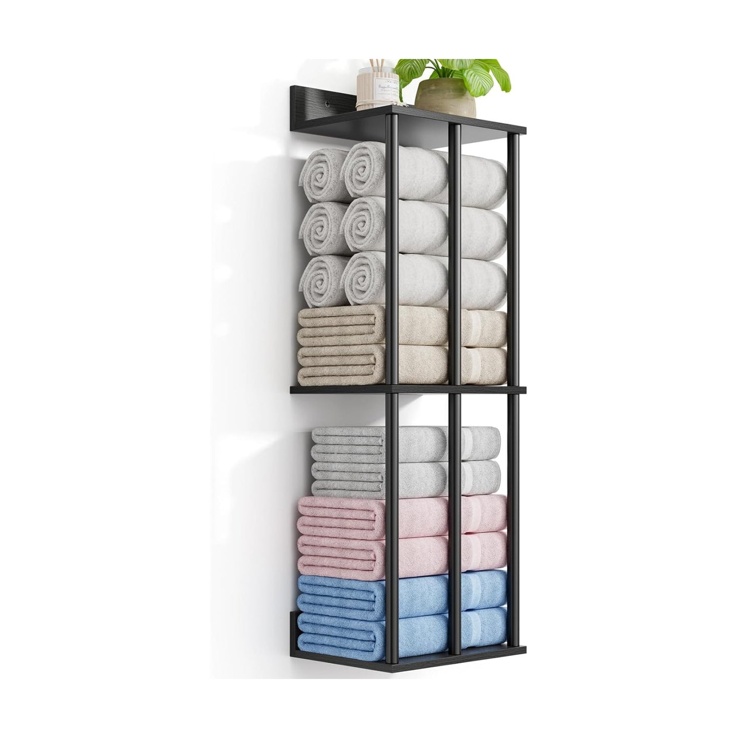 Towel Racks for Bathroom Wall Mounted with Wooden Storage Shelf | Updated 3 Bar Metal Towel Holder for Rolled Towels