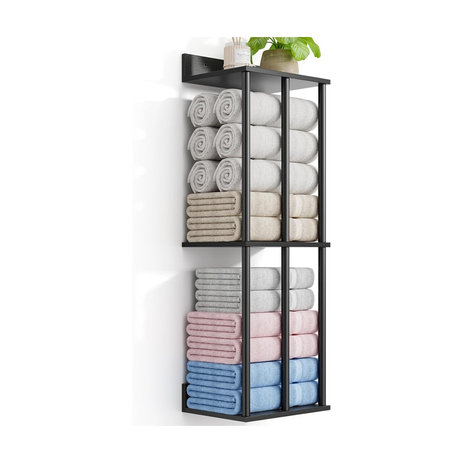 Towel Racks for Bathroom Wall Mounted with Wooden Storage Shelf | Updated 3 Bar Metal Towel Holder for Rolled Towels