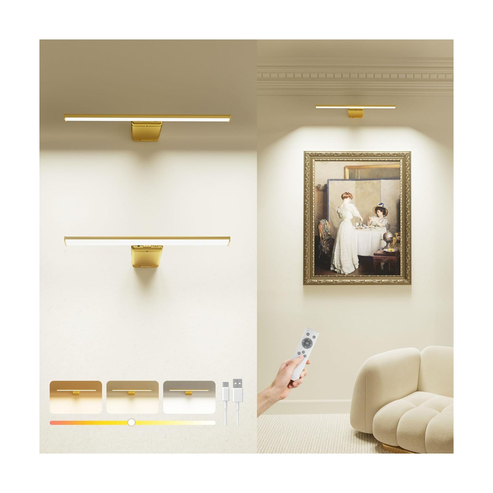 Picture Light for Wall with Remote, Picture Lights Battery Operated Rechargeable 12000mAh, 3 Colors & 3 Timers