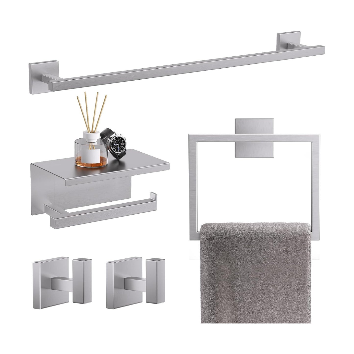 TQKAG 5-Pieces Brushed Nickel Bathroom Hardware Accessories Set 23.6" SUS304 Stainless Steel Towel Bar Set Wall Mounted