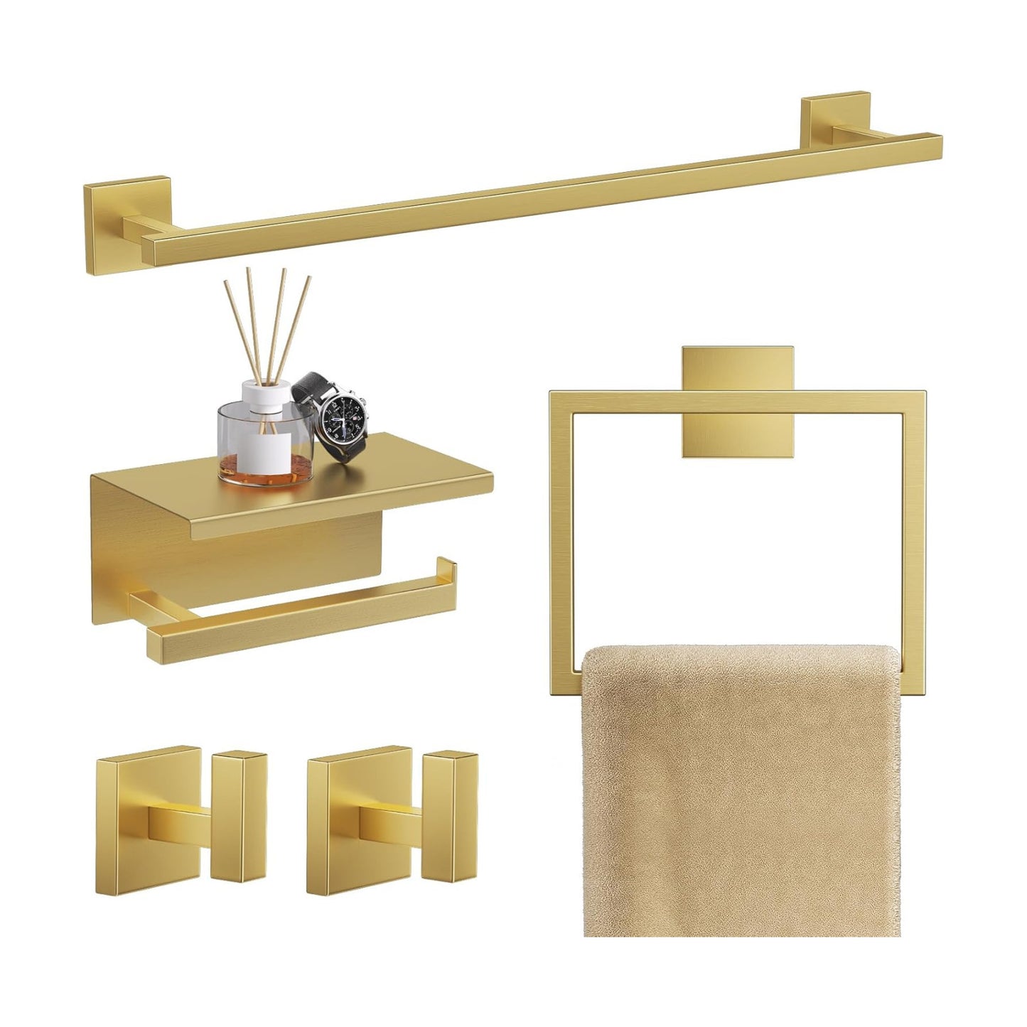 TQKAG 5-Pieces Brushed Gold Bathroom Hardware Accessories Set 23.6" SUS304 Stainless Steel Towel Bar Set Wall Mounted