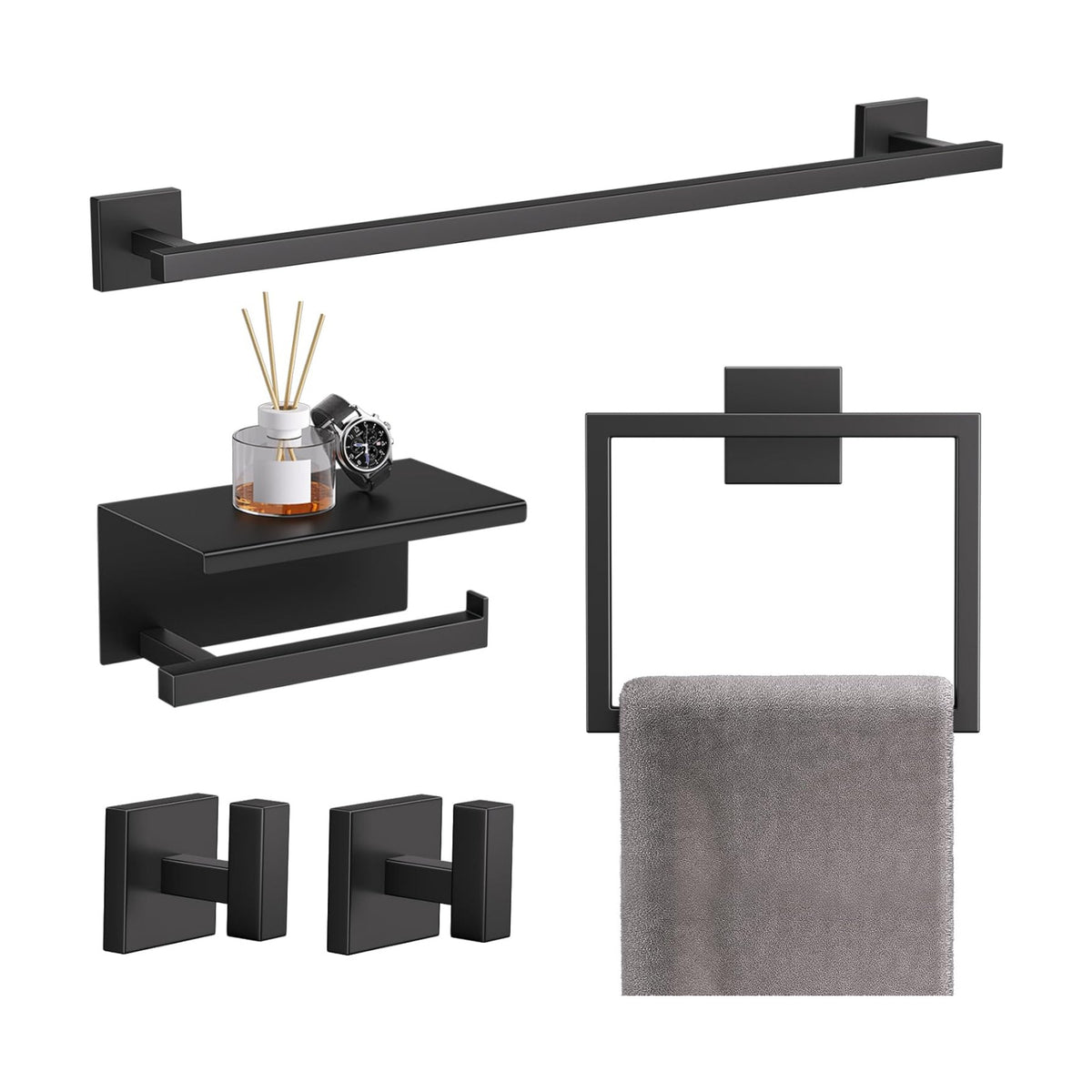 TQKAG 5-Pieces Matte Black Bathroom Hardware Accessories Set 23.6" SUS304 Stainless Steel Towel Bar Set Wall Mounted