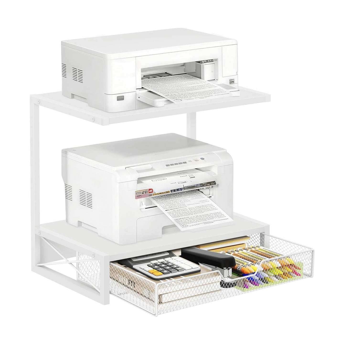 ELITEROO Printer Stand for Desk with Storage Drawer, 2 Tier Desk Shelf | Wood Desktop Organizer for Home Office, Fits