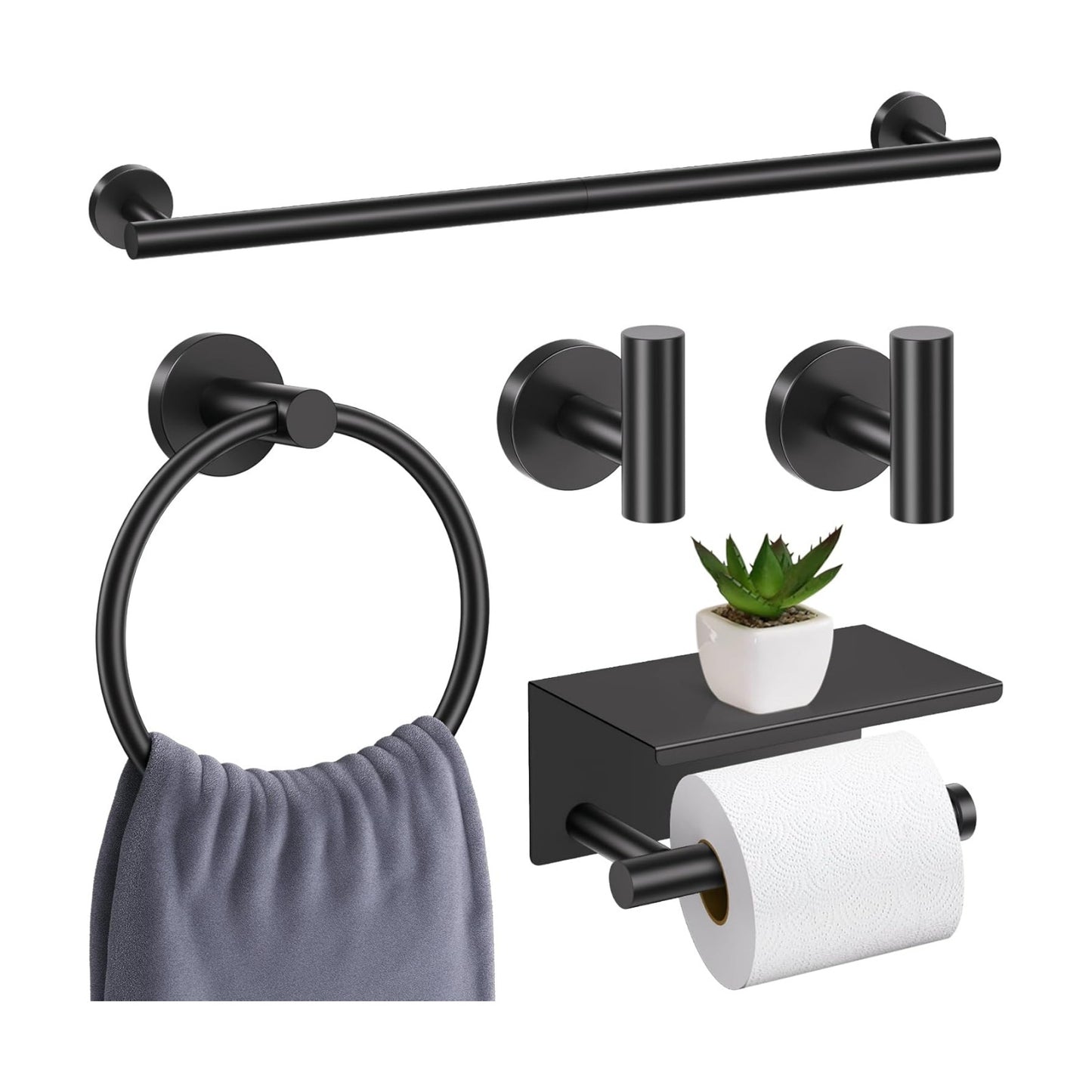 Matte Black Bathroom Hardware Set, 5 Pieces Black Towel Bar Bathroom Accessories Set, Upgraded Toilet Paper Holder with