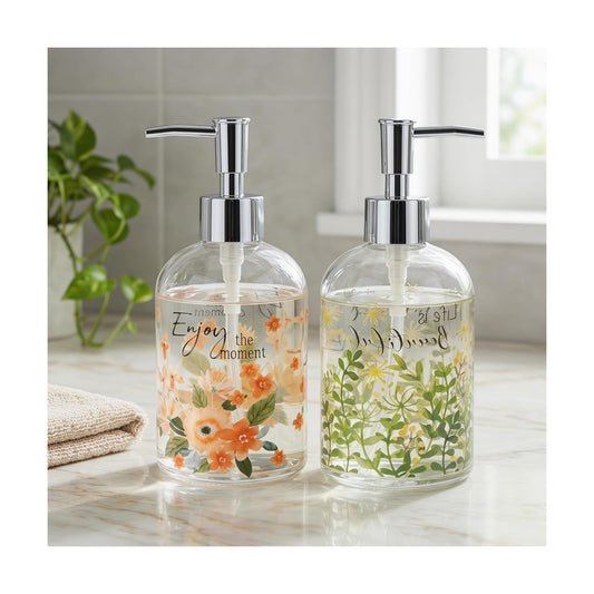 Topadorn 17oz Glass Soap Dispenser Set of 2, Cottagecore Farmhouse Decor | Refillable Hand & Dish Soap Pump Bottles