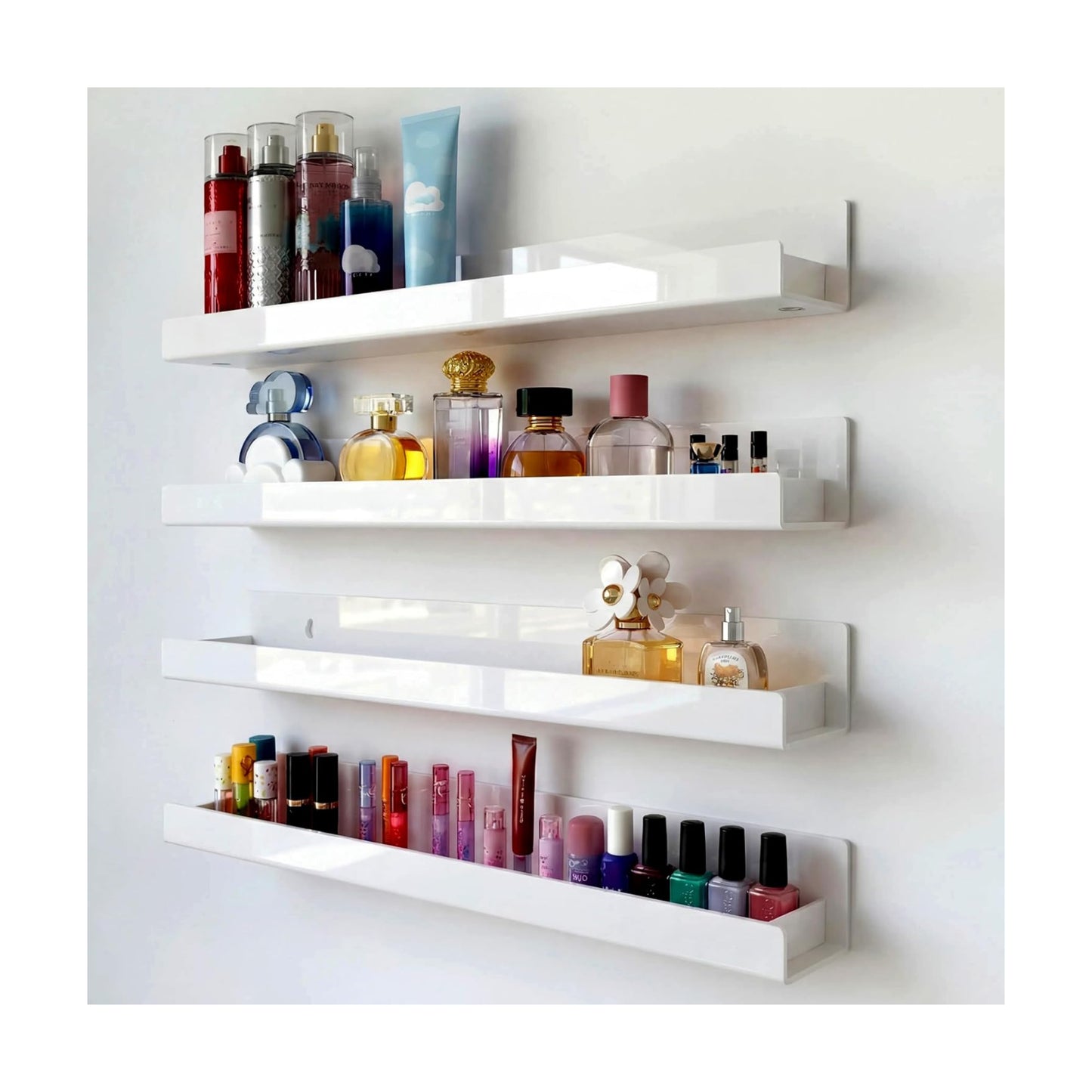 4 Pack 15 Inch White Acrylic Floating Wall Shelves, Kids Bookshelf | Modern Display Shelf for Nail Polish, Sunglasses