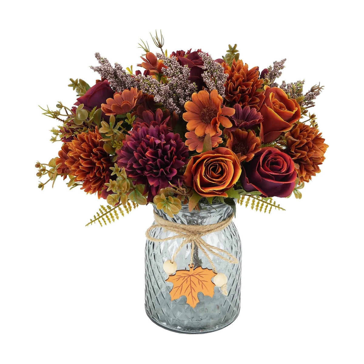 3 Bundles Fall Artificial Flower Arrangements with Vase, Burnt Orange Roses