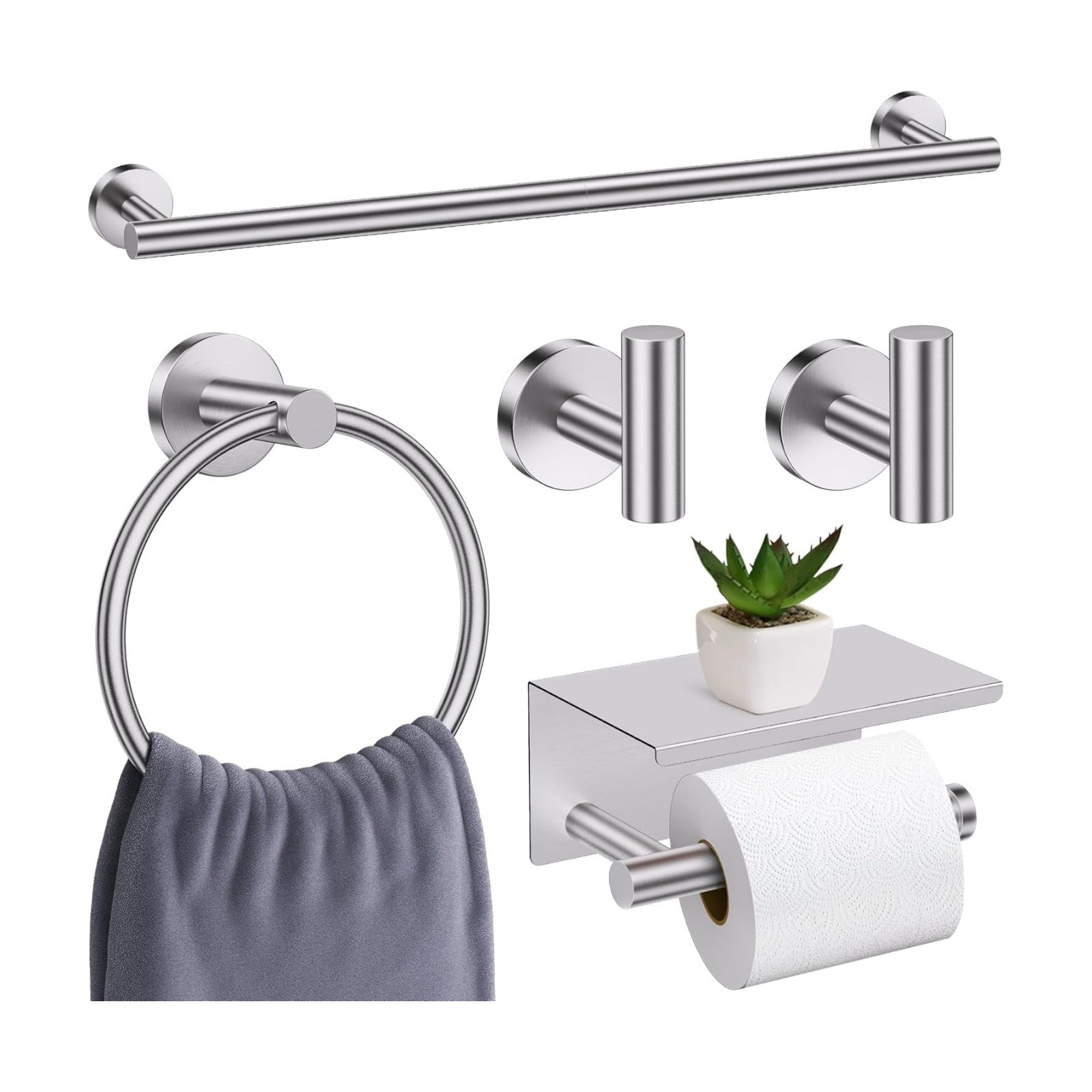 Brushed Nickel Bathroom Hardware Set, 5 Pieces Towel Bar Bathroom Accessories, Upgraded Toilet Paper Holder with Shelf