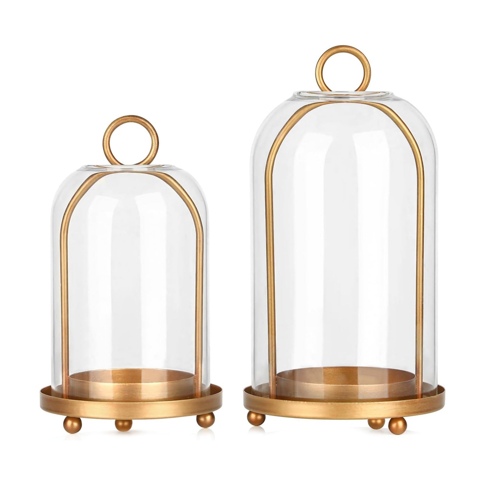 Vintage Brass Metal Candle Lantern with Thick Glass Dome Set of 2 | Shabby Chic Style Candle Holders (5.25"x10" &