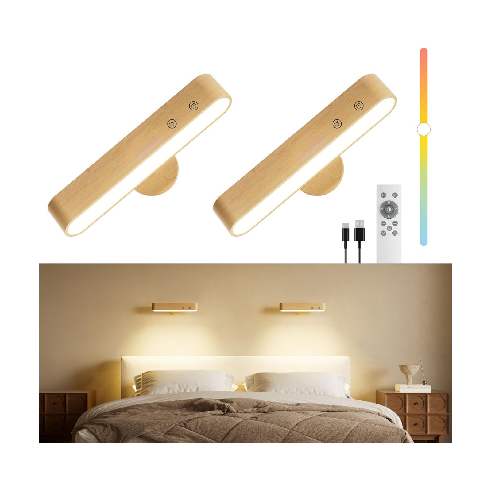 PopoIron Rechargeable LED Wall Sconces Set of Two,Wall Lights for Bedroom with Remote Control and Touch,360° Magnetic