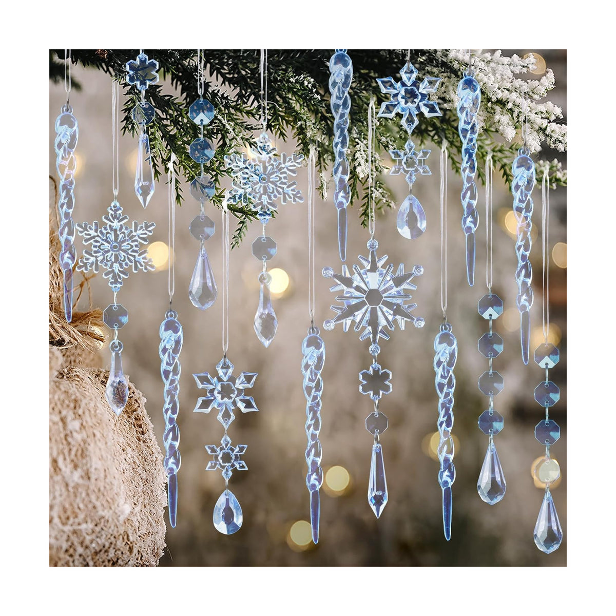 Crystal Christmas Tree Ornaments, Blue Acrylic Snowflake & Icicle, 32pcs
