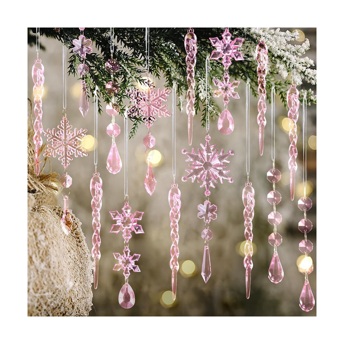 Crystal Christmas Tree Ornaments, Pink Acrylic Snowflake & Icicle, 32pcs