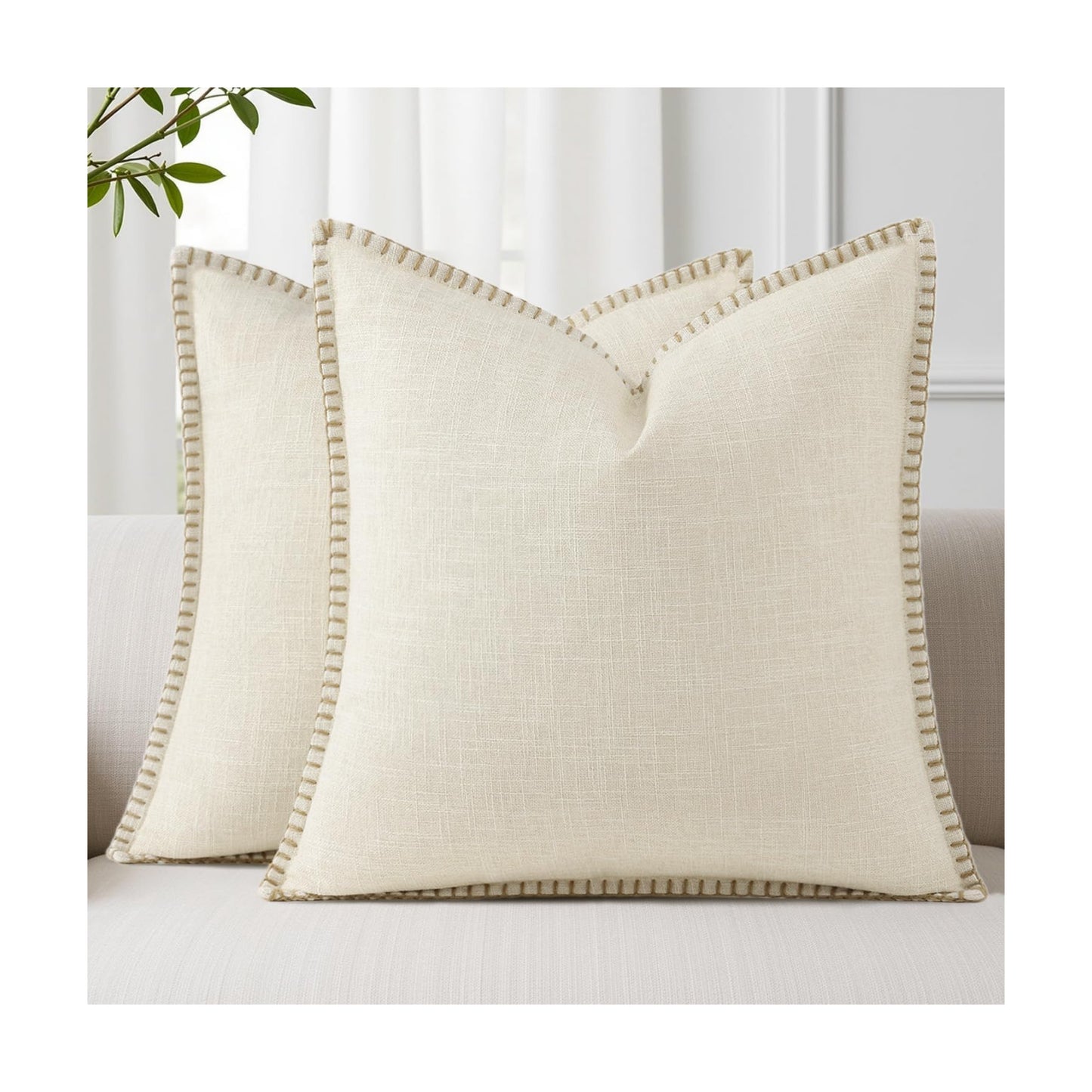 Fall Decorative Throw Pillow Covers Square Faux Linen Farmhouse / Cream White / 18 x 18 / Set of 2