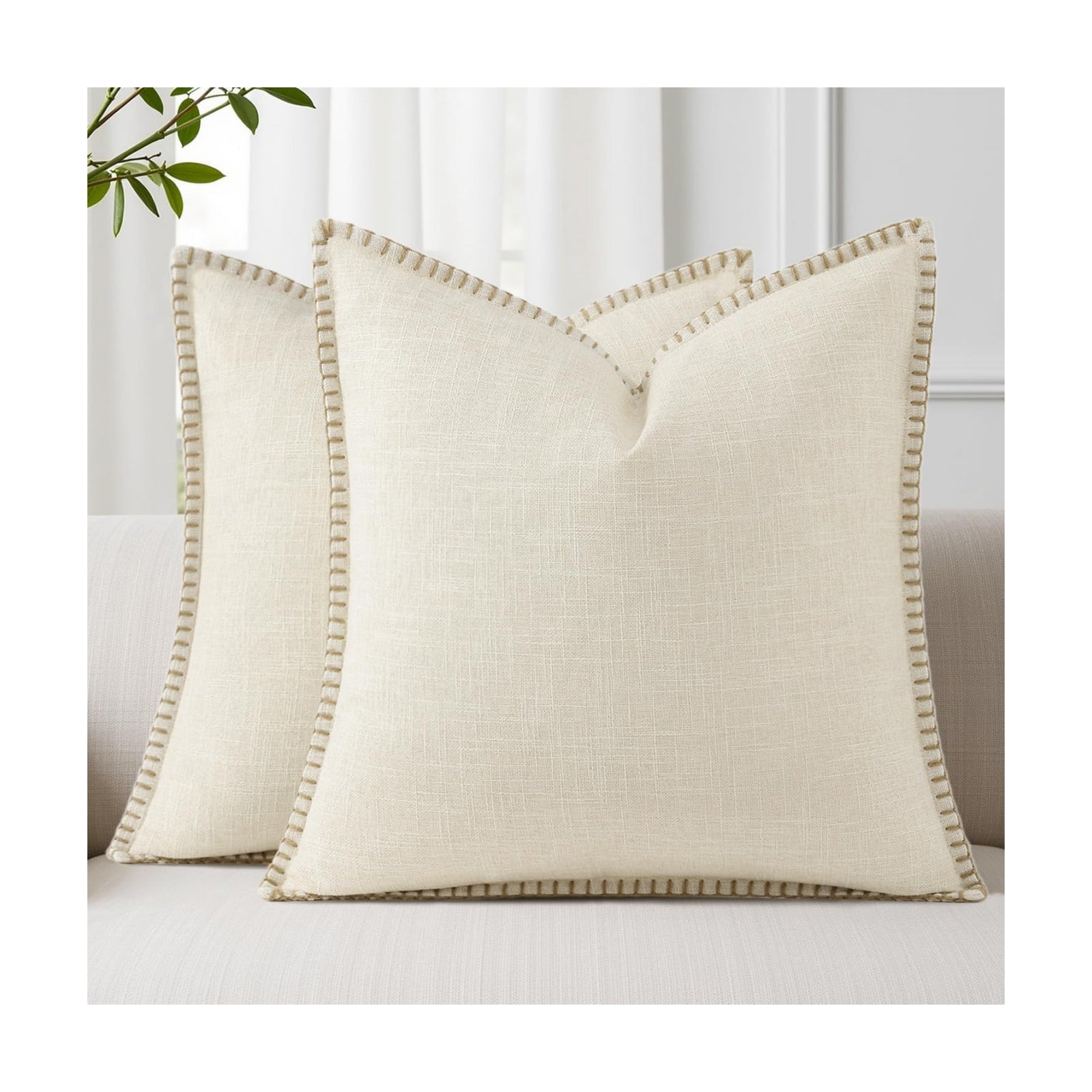 Fall Decorative Throw Pillow Covers Square Faux Linen Farmhouse / Cream White / 18 x 18 / Set of 2