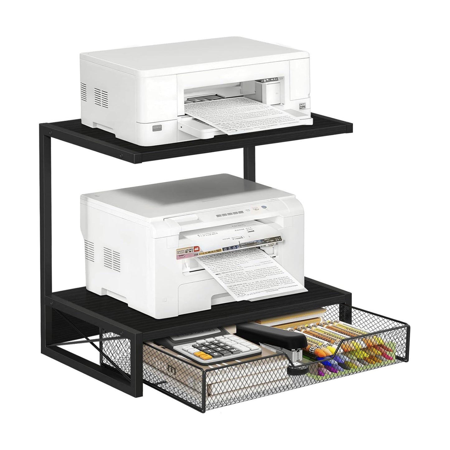 ELITEROO 2-Tier Printer Shelf with Drawers, Wooden Desk Shelf for Printer | Small Printers Shelf for Office Supplies