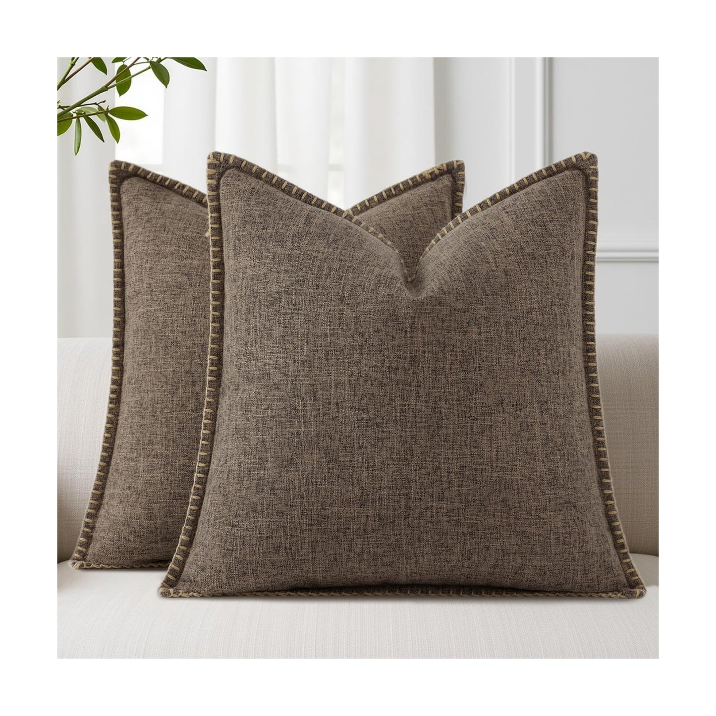 Fall Decorative Throw Pillow Covers Square Faux Linen Farmhouse / Chocolate / 18 x 18 / Set of 2