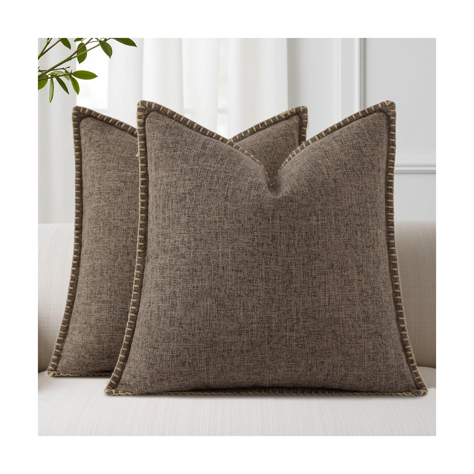Fall Decorative Throw Pillow Covers Square Faux Linen Farmhouse / Chocolate / 18 x 18 / Set of 2