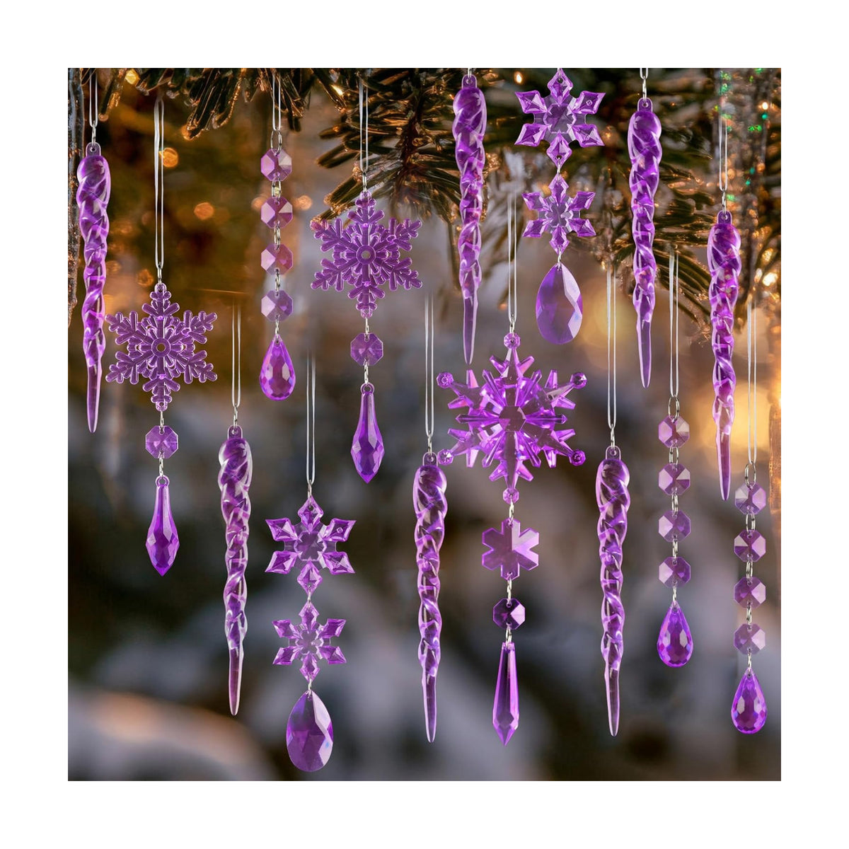 18pcs Crystal Christmas Ornaments for Christmas Tree Decorations-Purple Hanging Acrylic Snowflake and Icicle Ornaments with Drop Pendants for New Year Party Decorations Supplies
