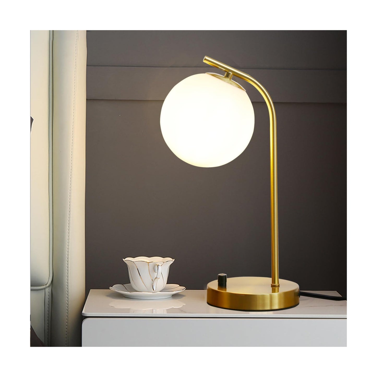 Mid Century Modern Dimmable Globe Table Lamp, Gold,15.3'' high | Minimalist Nightstand Desk Lamp with Milk White Glass