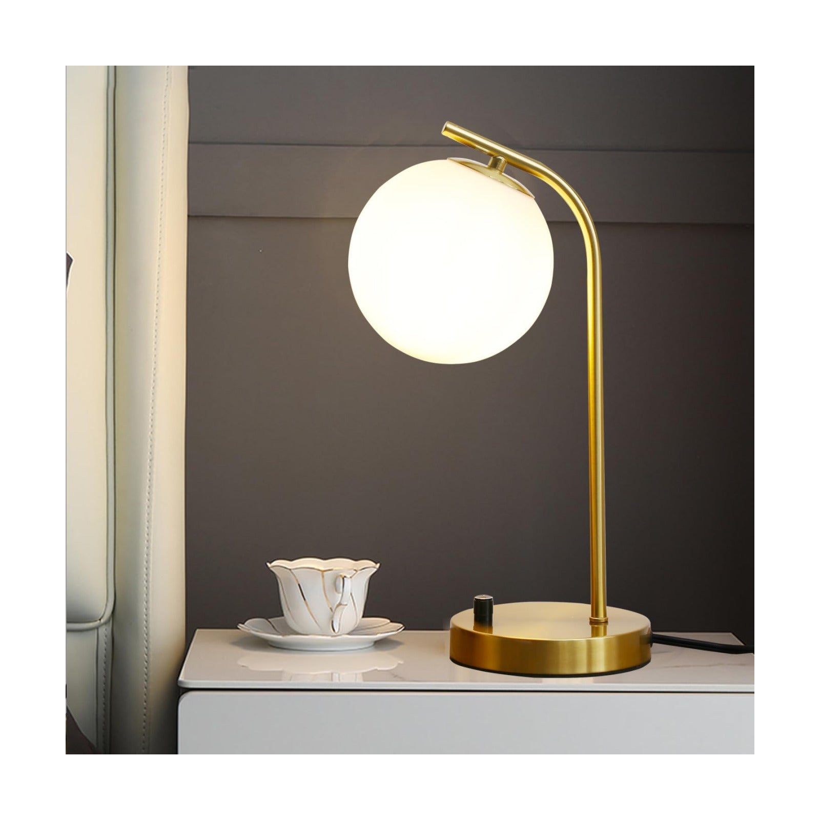 Mid Century Modern Dimmable Globe Table Lamp, Gold,15.3'' high | Minimalist Nightstand Desk Lamp with Milk White Glass