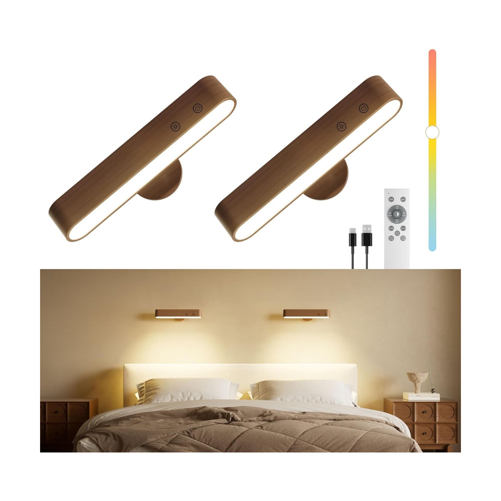 Rechargeable Wall Sconces Set of Two, Walnut Wood Battery Operated Wall Sconce, Magnetic Wall Lights for Bedroom with