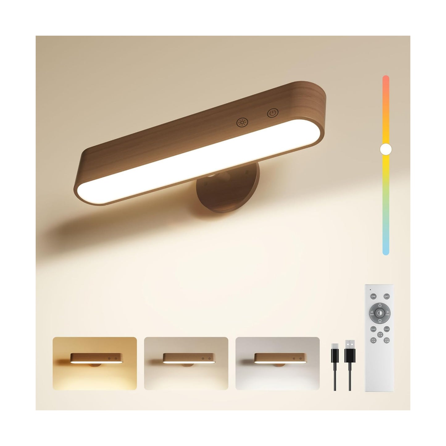 Rechargeable Wall Sconce, Battery Operated Indoor Wall Lights for Bedroom, Touch and Remote Control, 360° Rotate Walnut