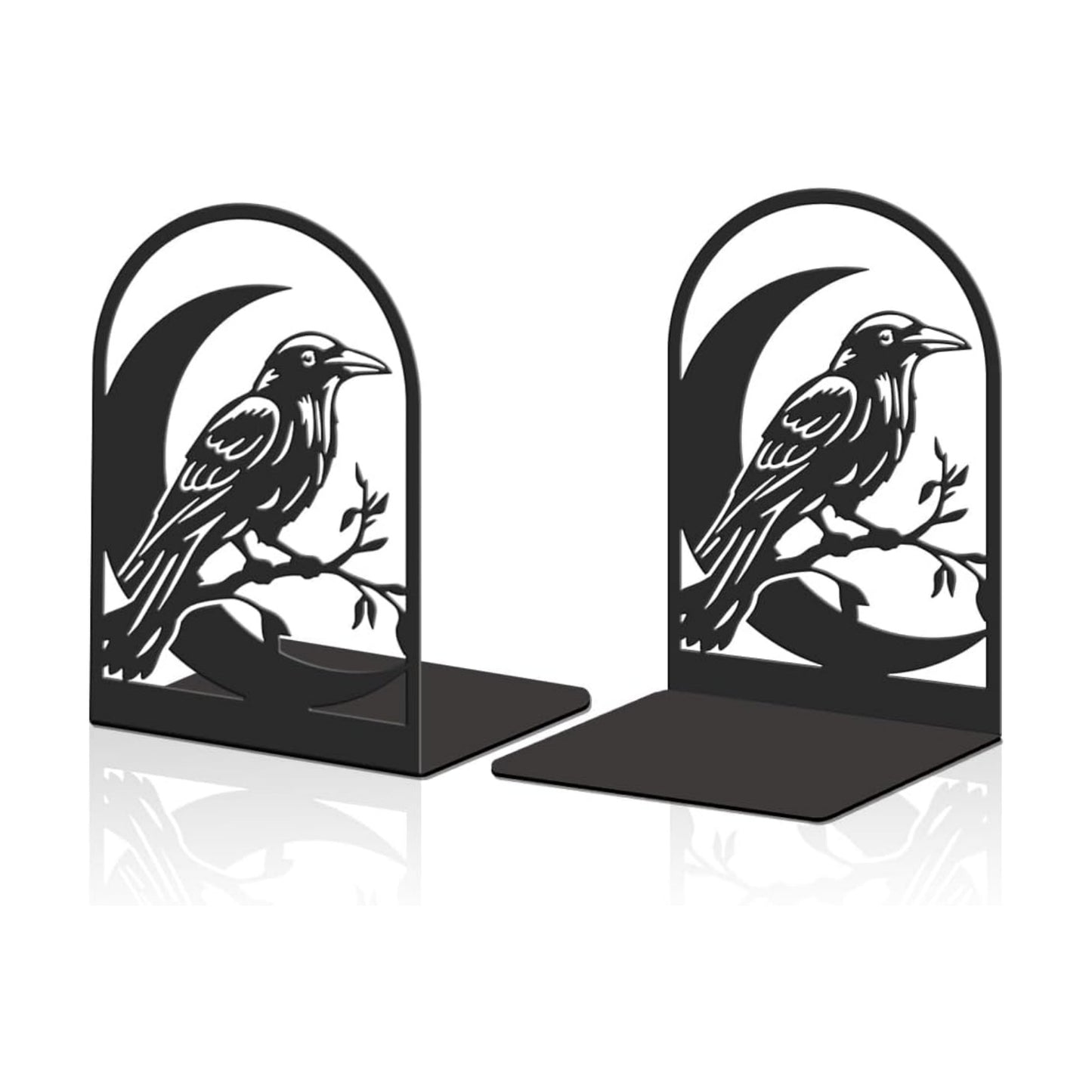 Large Book Ends Metal Non-Slip Bookends Heavy Duty Stoppers / Moon and Crow / Black / Set of 2