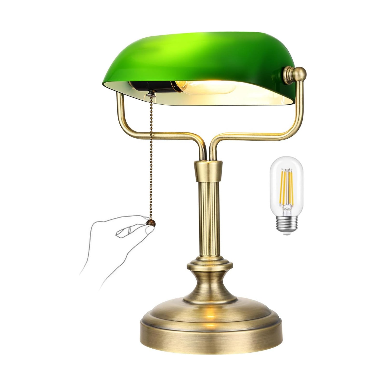 Traditional Banker's Desk Lamp with Glass Shade,Pull Chain Switch, LED Bulb Included (Antique Bronze+Green)
