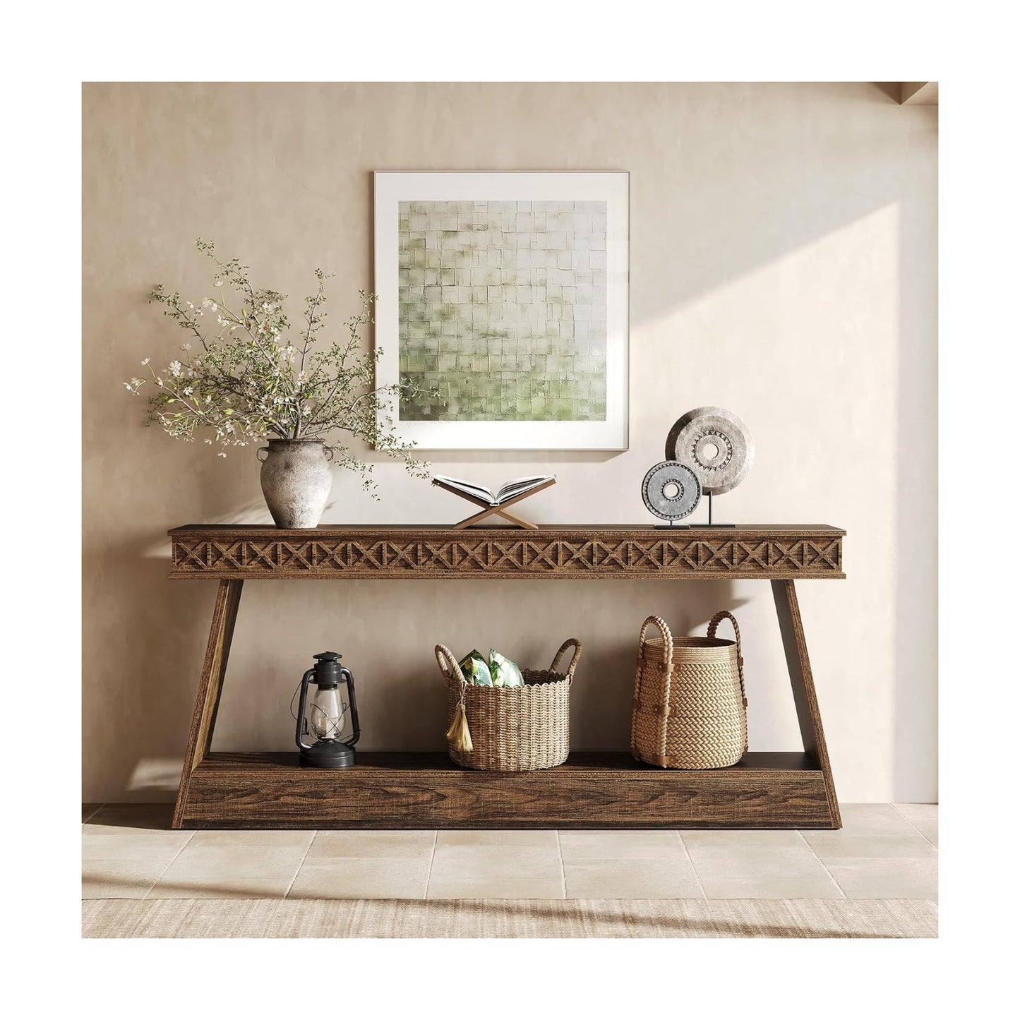 LITTLE TREE 70.87" Long Farmhouse Console Table, 2-Tier Shelf Narrow Accent Entryway Sofa Table for Living Room, Behind