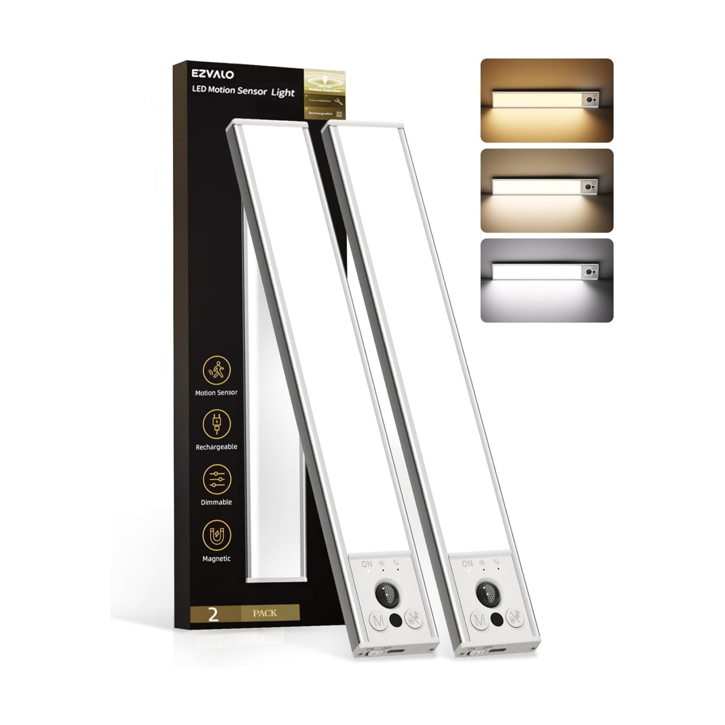 EZVALO 14.5inch Under Cabinet Lighting, 2 Pack 3500mAh Rechargeable Motion Sensor Light Indoor with 3 Color