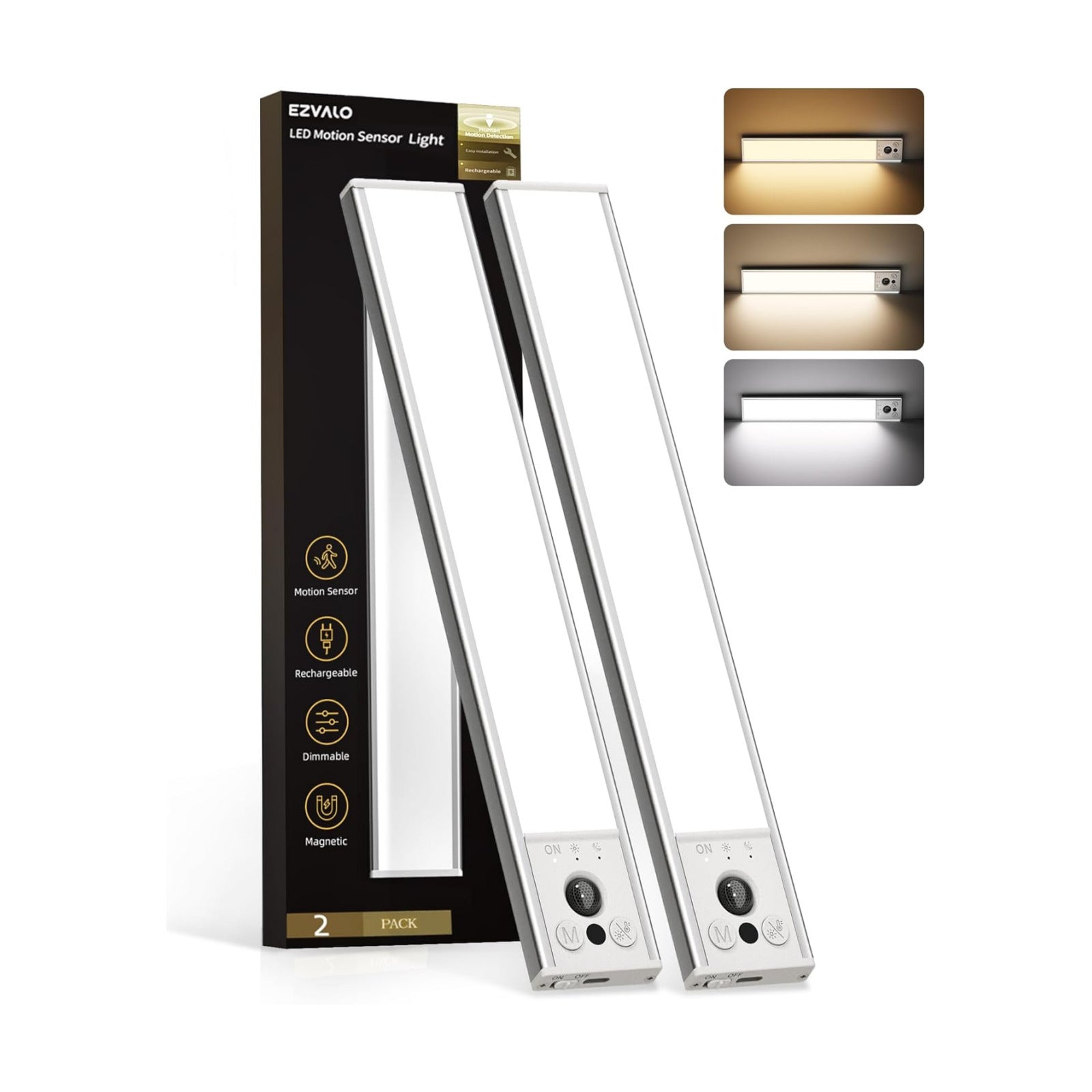 EZVALO 12inch Under Cabinet Lighting, 2 Pack 3100mAh Rechargeable Motion Sensor Light Indoor with 3 Color Temperatures