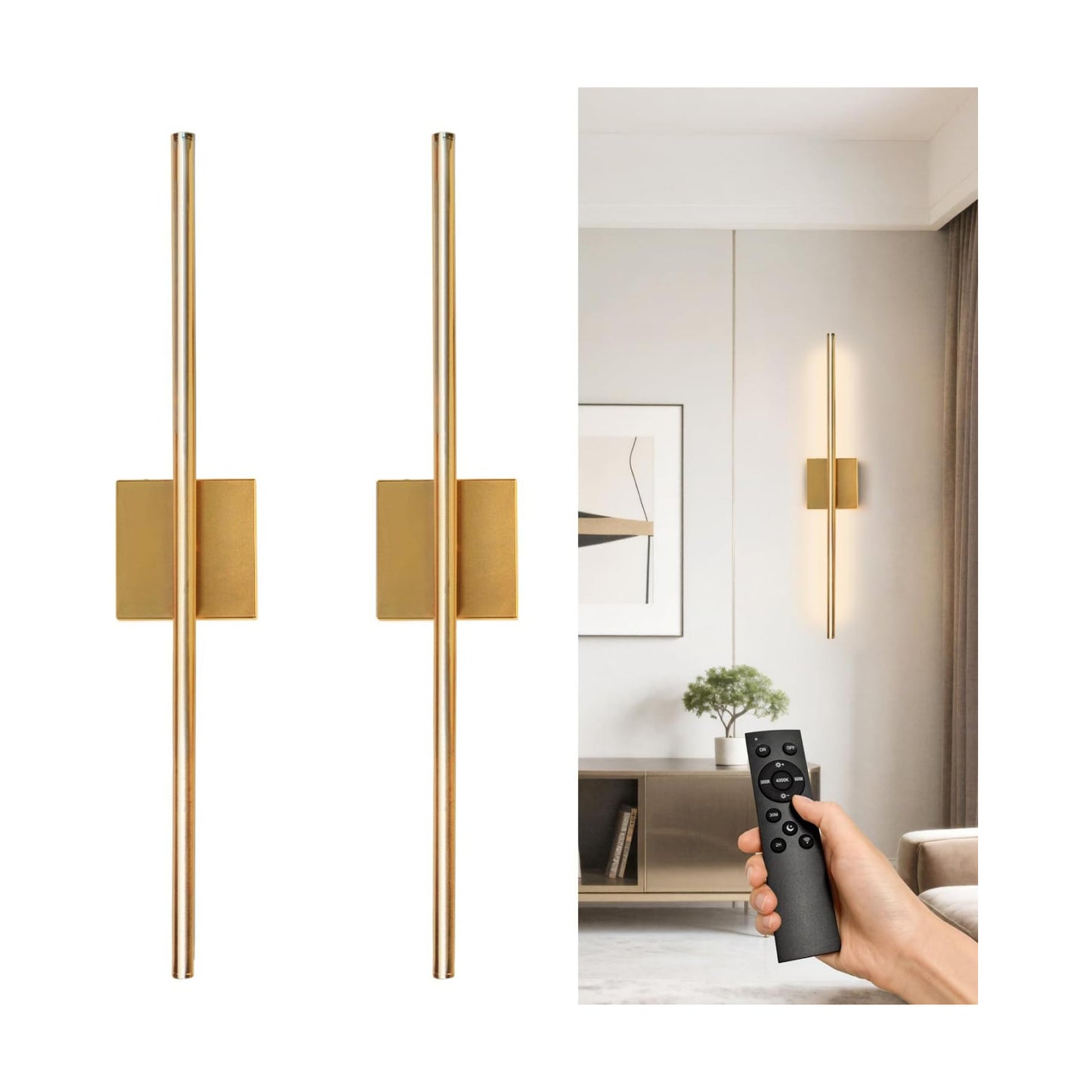 Rechargeable Wall Sconce Set of Two, Modern Wireless Brass Wall Sconces with Remote, 28.35Inch Dimmable Indoor Home