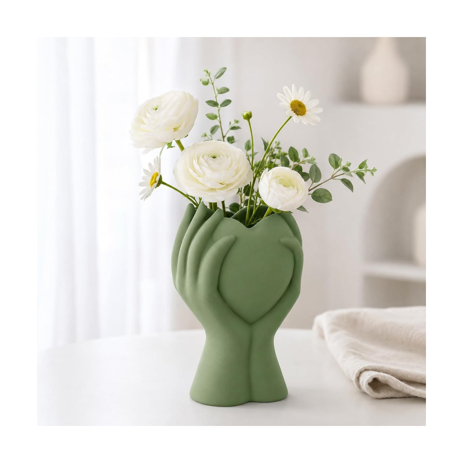 Heart Hand Ceramic Vase / Green / 8 Inch