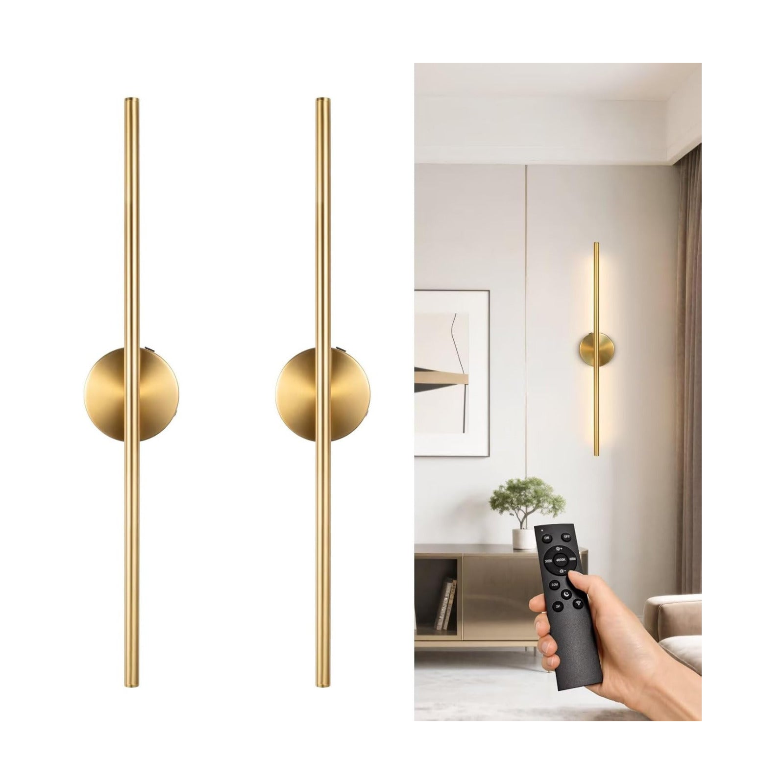Rechargeable Wall Sconce Set of Two, Modern Wireless Brass Wall Light Sconce with Remote, 28.35Inch Dimmable Indoor