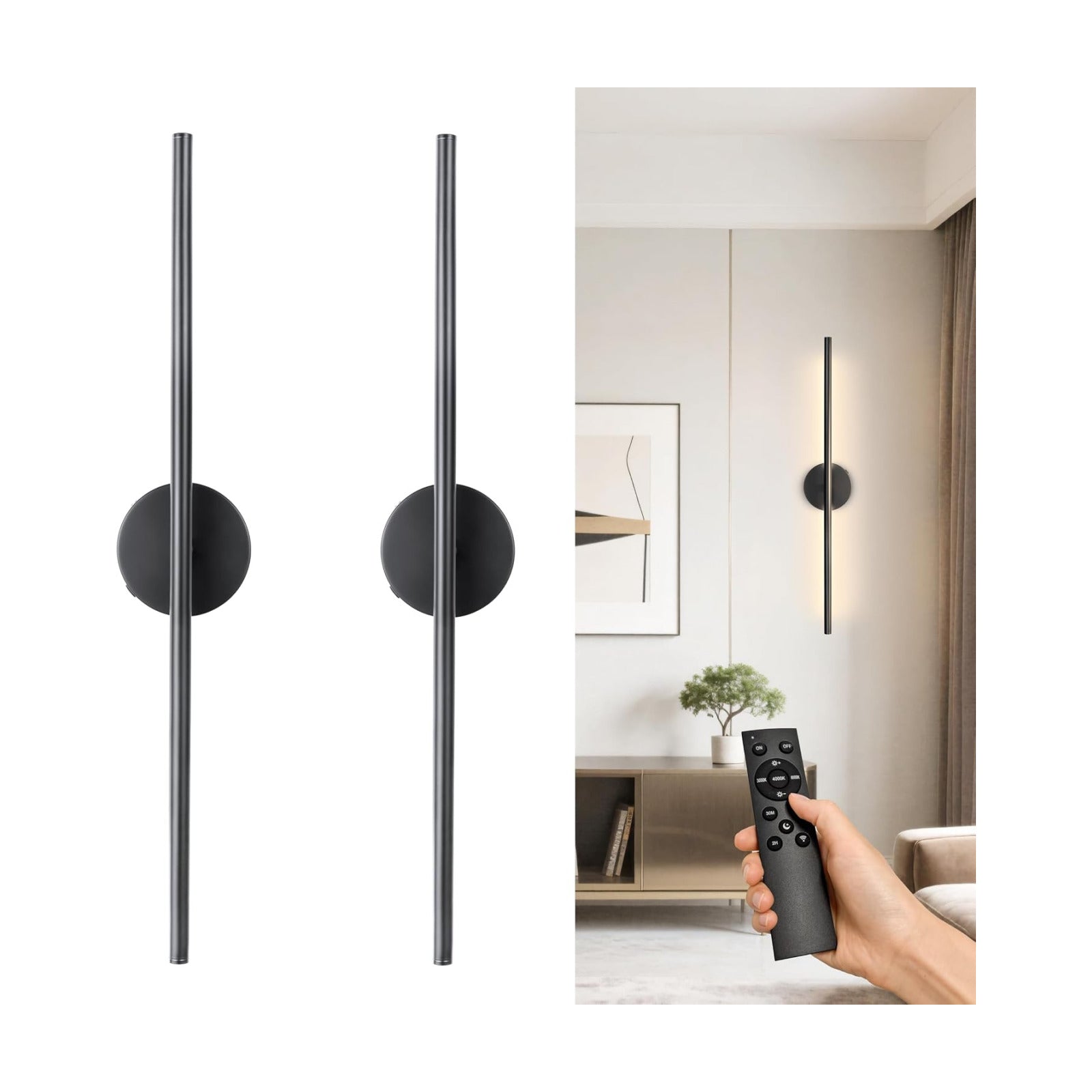 Rechargeable Wall Sconce Set of Two, Modern Wireless Black Wall Sconces with Remote, 28.35Inch Dimmable Indoor Home
