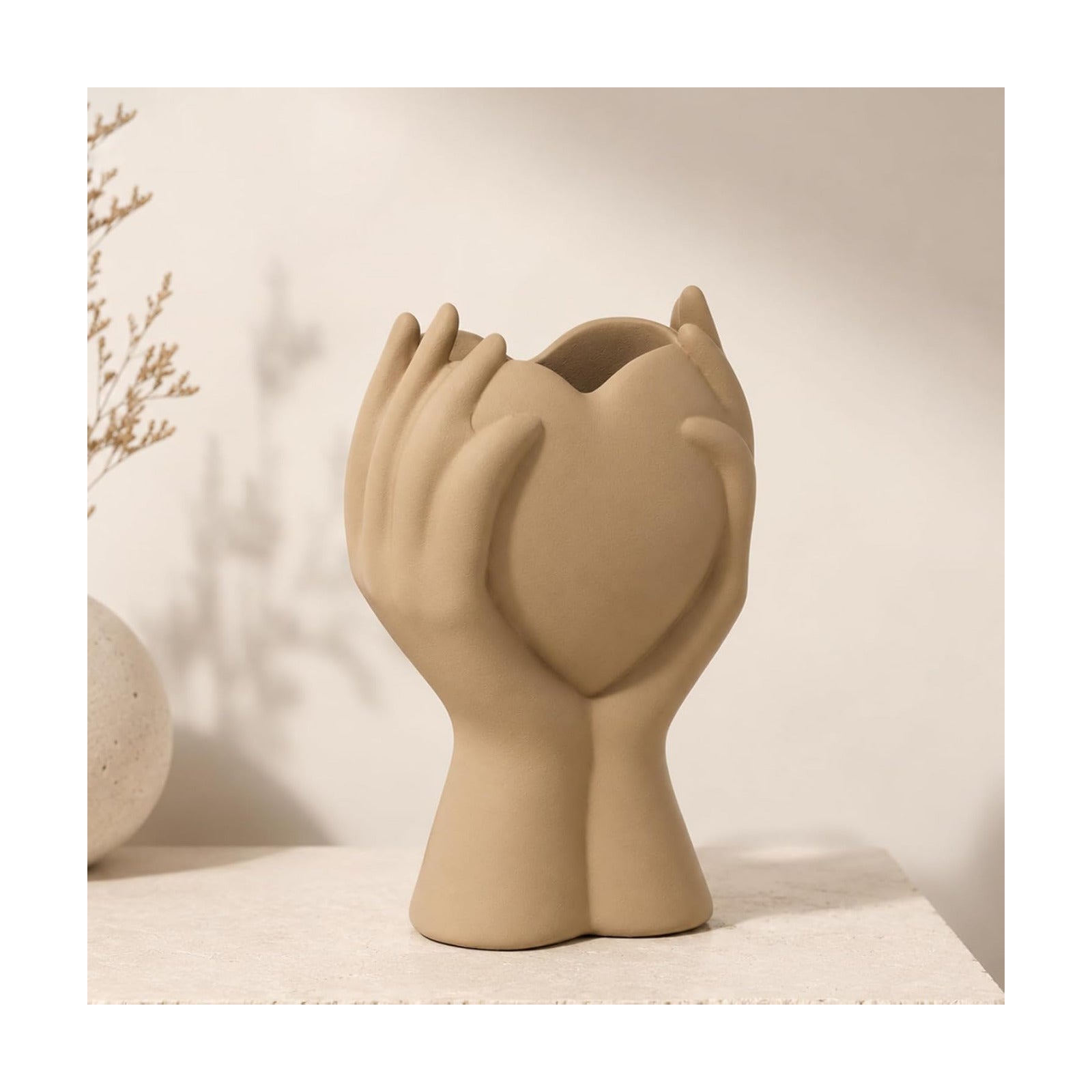 Heart Hand Ceramic Vase / Brown / 8 Inch