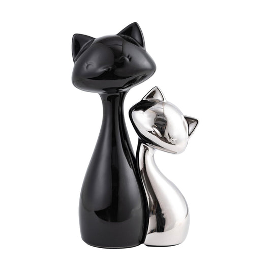 Ceramic Cat Statue / Black& Silver / Set of 2