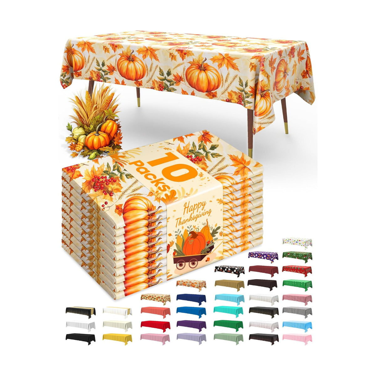 Pureegg Plastic Table Cloth Disposable 54x108 Inch 10 Pack, Pumpkin Harvest