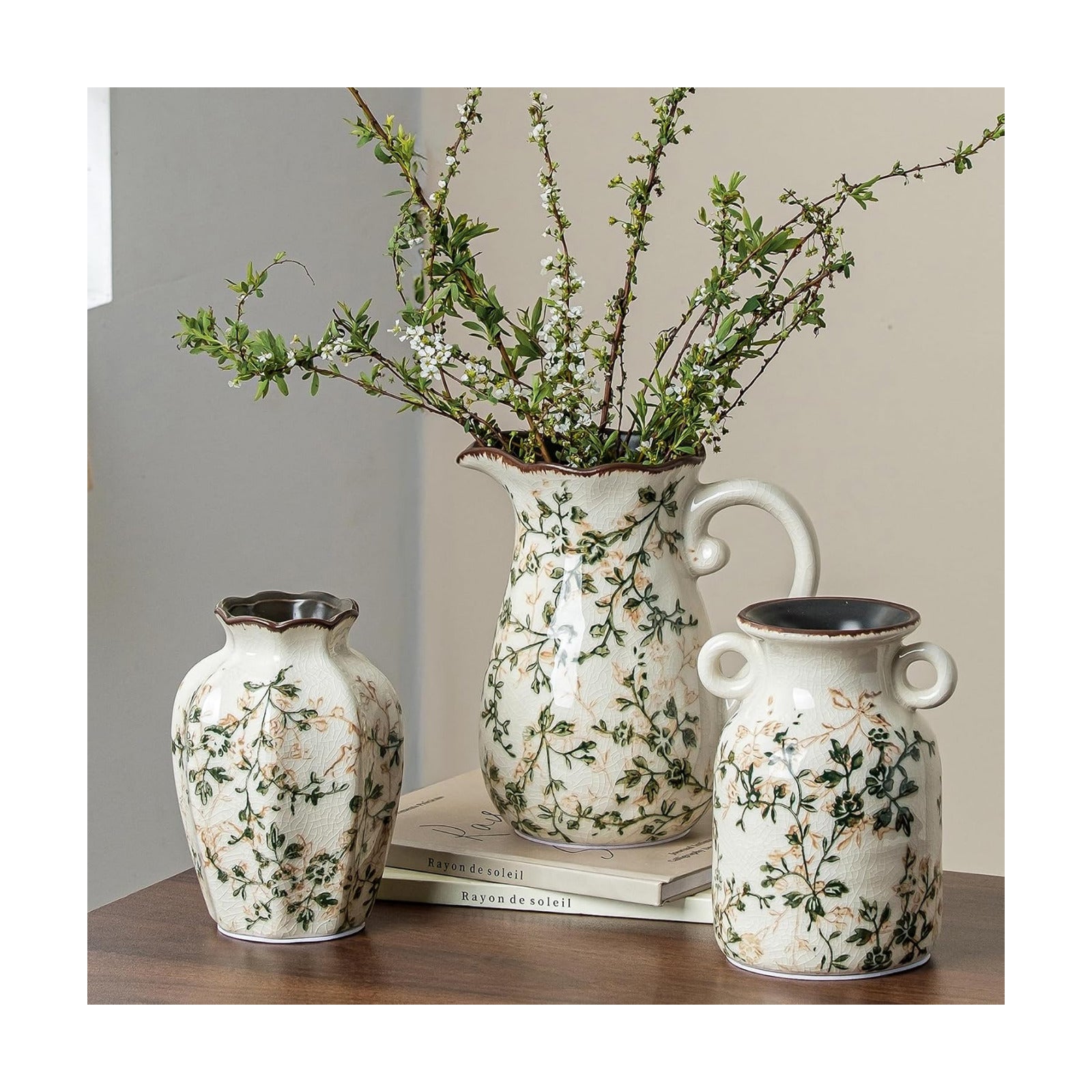 Green Rustic Farmhouse Vase Set / 06-green and Beige-set of Three / Set of 3