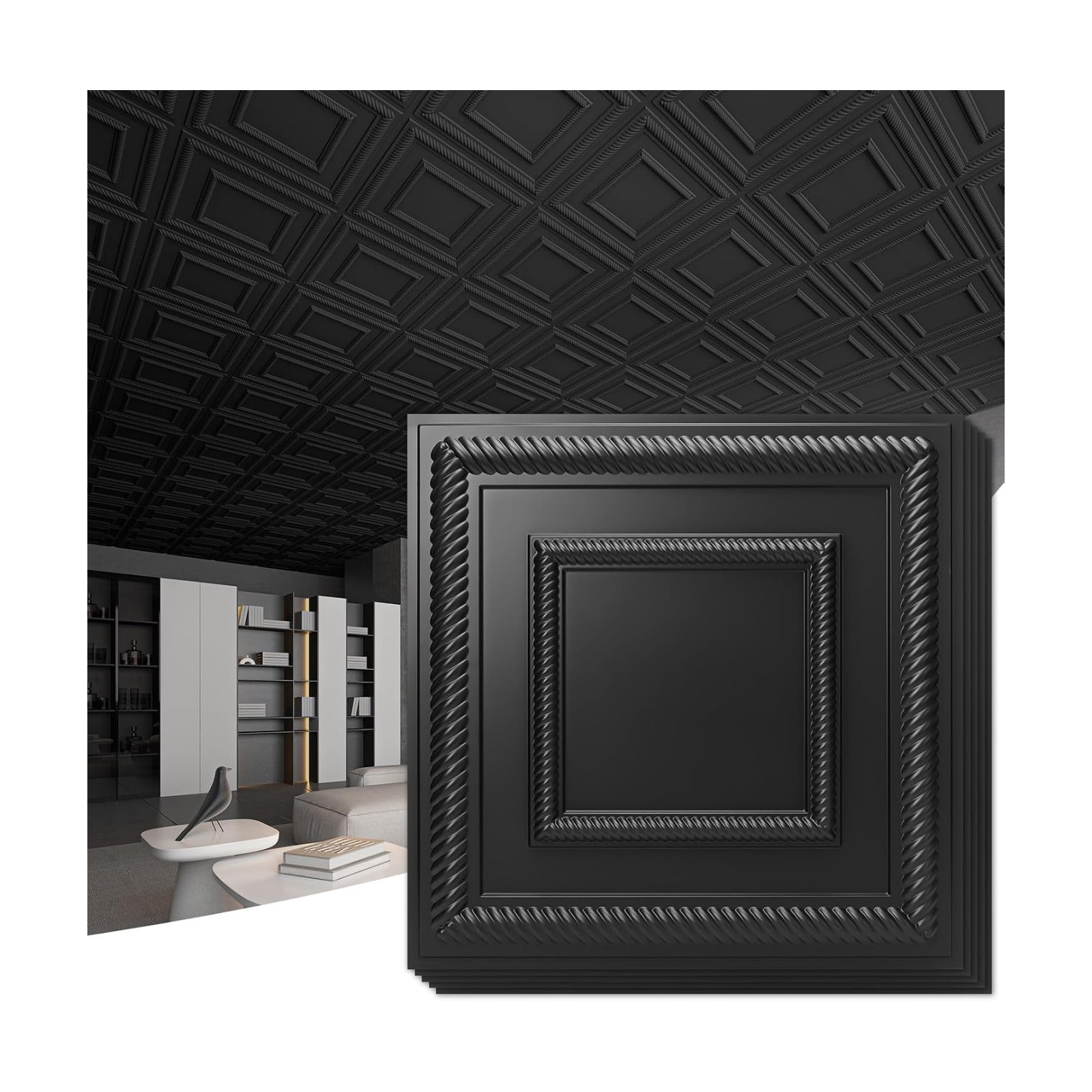 PVC Lightweight Drop Ceiling Tile / Square Black / 24 x 24 / Set of 12