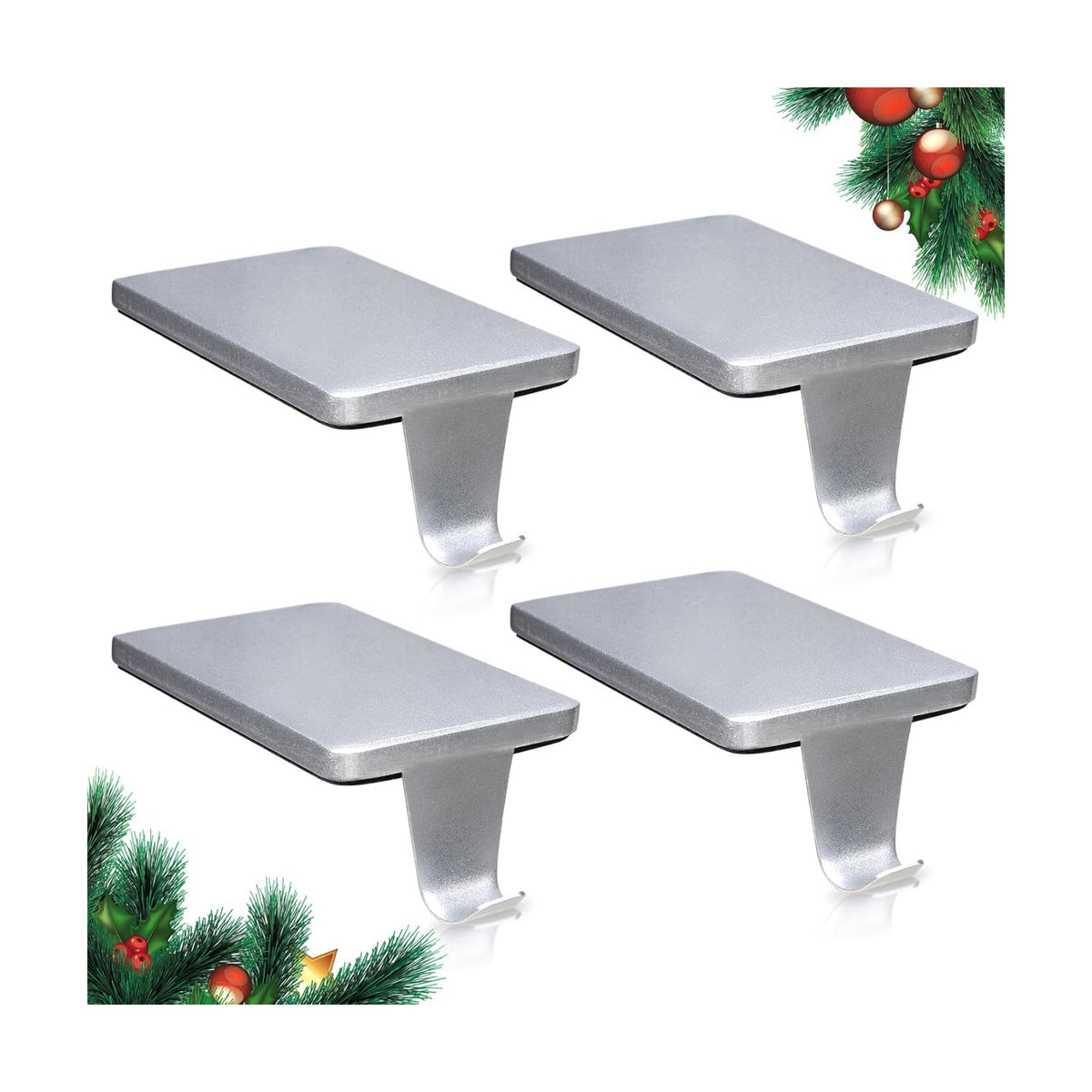 HMASYO Christmas Stocking Holders for Mantle Set of 4, Silver Heavy Duty Iron Stocking Hangers Base, Low Profile Weighted Stocking Holder Hooks for Fireplace Tabletop Shelf Christmas Decoration