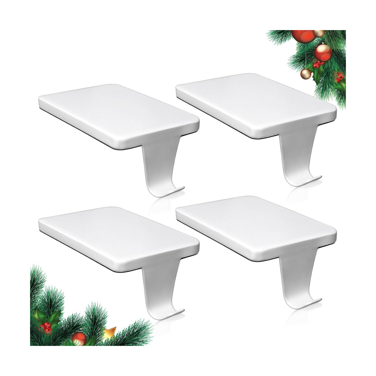 HMASYO Christmas Stocking Holders for Mantle Set of 4, White Heavy Duty Iron Stocking Hangers Base, Low Profile Weighted Stocking Holder Hooks for Fireplace Tabletop Shelf Christmas Decoration