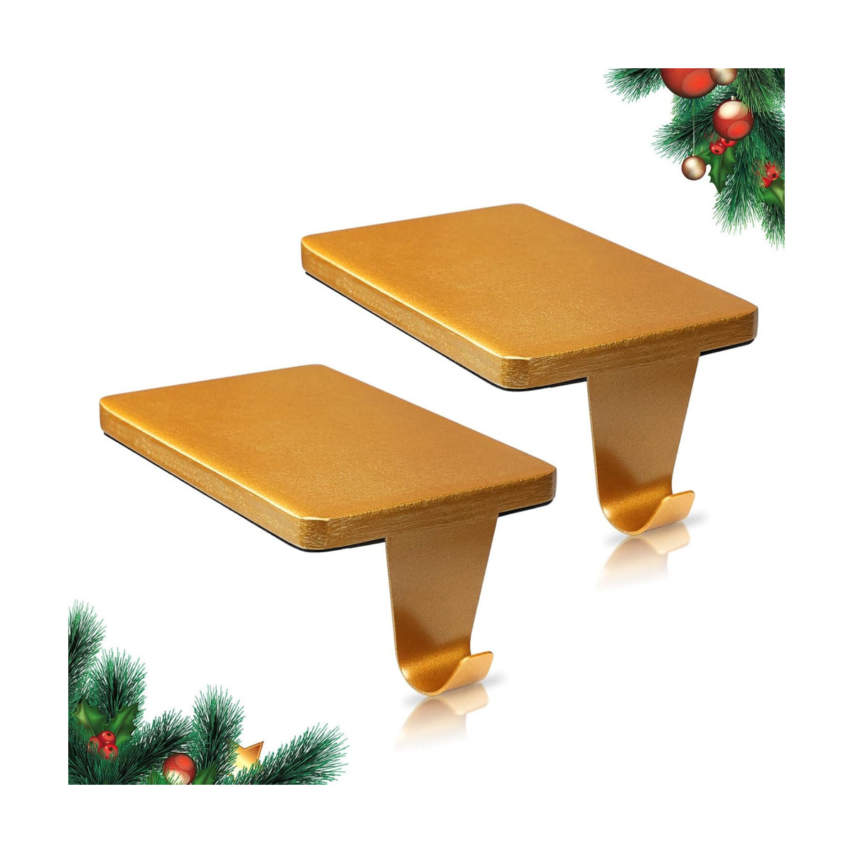 HMASYO Christmas Stocking Holders for Mantle Set of 2, Gold Heavy Duty Iron Stocking Hangers Base, Low Profile Weighted Stocking Holder Hooks for Fireplace Tabletop Shelf Christmas Decoration