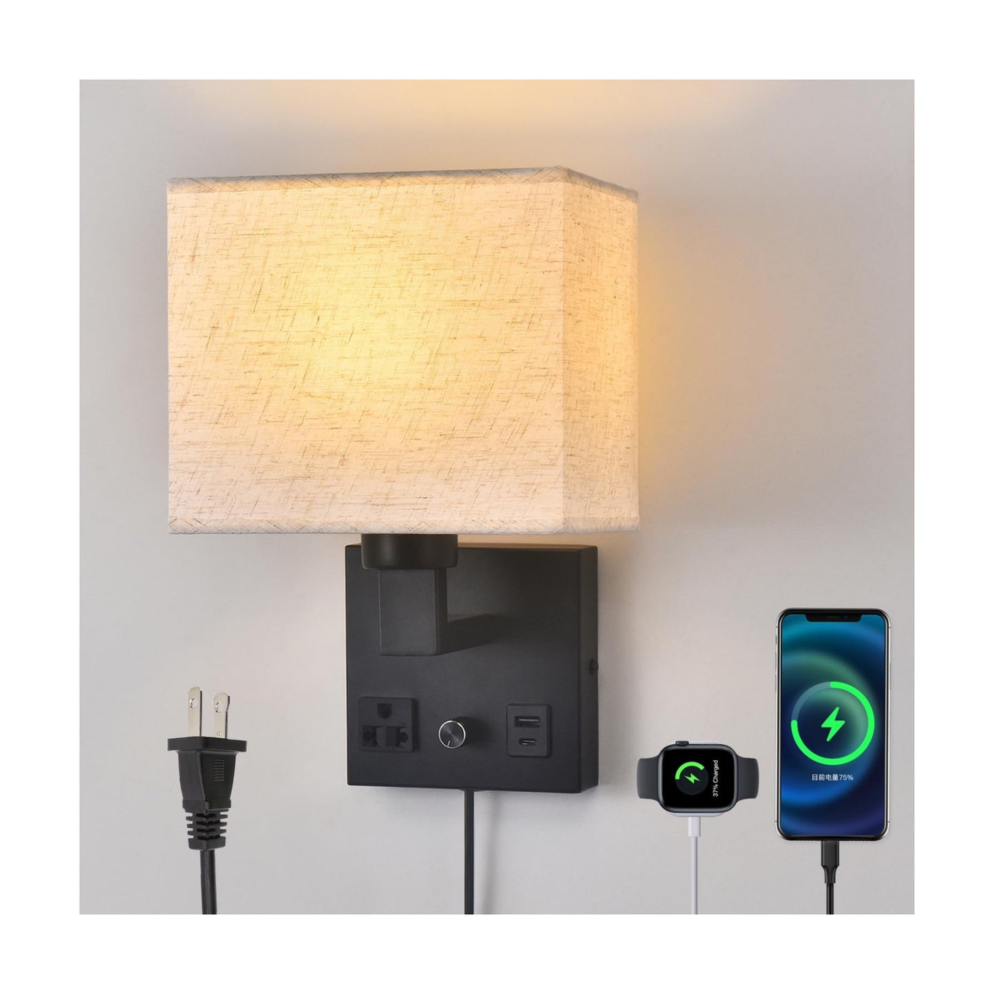 Bedside Wall Lamp for Bedroom, Plug in Wall Sconce - Dimmable Switch with AC Outlet & USB Charging Port, Fabric Shade
