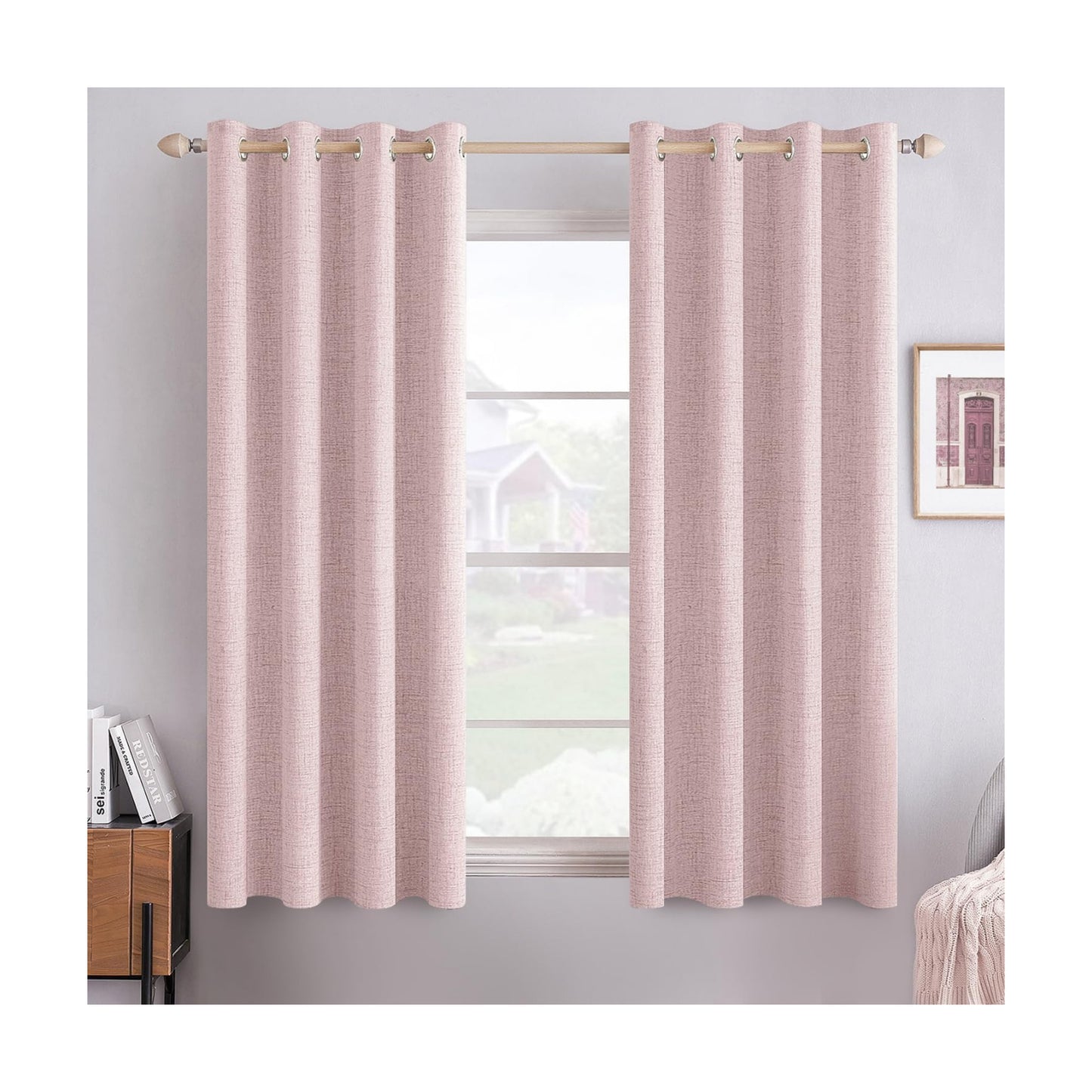 MIULEE 100% Blackout Linen Curtains for Bedroom 52x63 Inches Pink