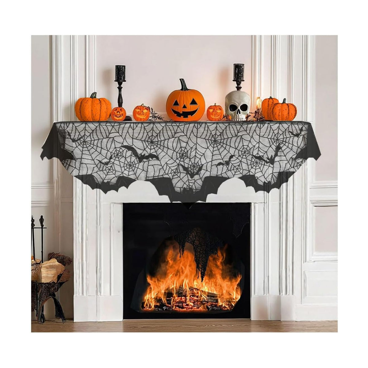 Halloween Fireplace Decorations, Fireplace Mantle Scarf Cover Garland Decor, Black Lace Spider Web for Door Windows for Festive Party (Style bat, black1)