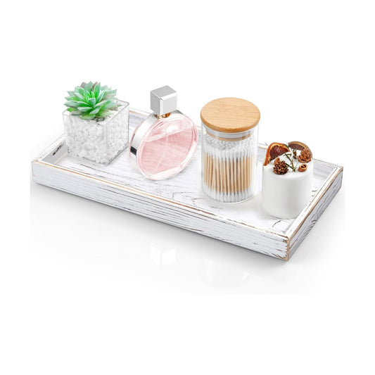 Wood Decorative Tray for Toilet Tank Makeup Perfume Jewelry / 6.5 x 1.2 x 13 / Whitewashed / White