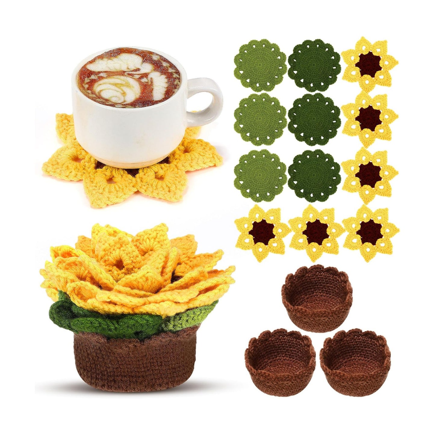3D Crochet Flower Coasters Set / Yellow / Sunflower / Set of 15