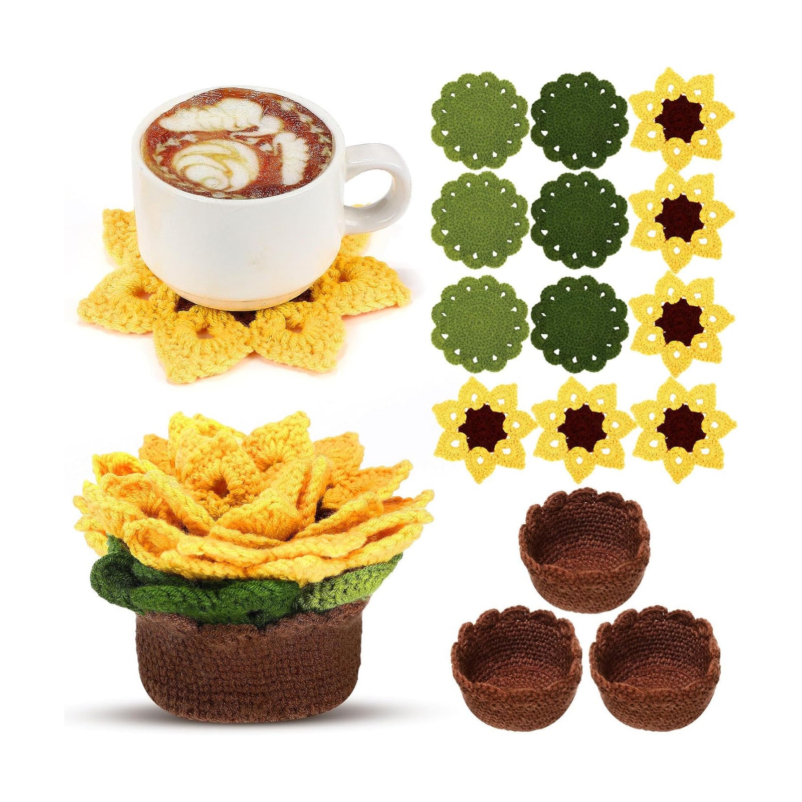 3D Crochet Flower Coasters Set / Yellow / Sunflower / Set of 15
