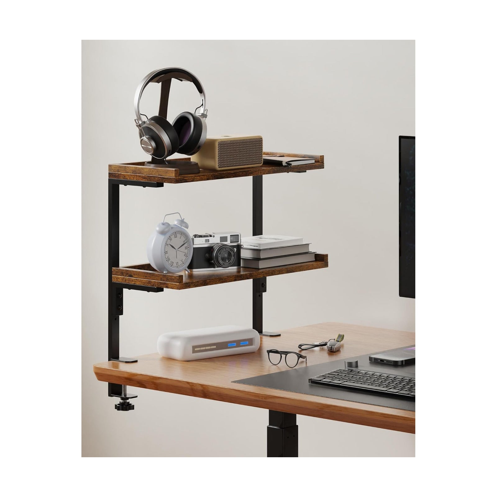 Clamp On Desk Shelf 2-Tier, 16.5 in Wood Shelving Unit for Office Desk/Gaming Accessories, Tabletop Book Storage Rack